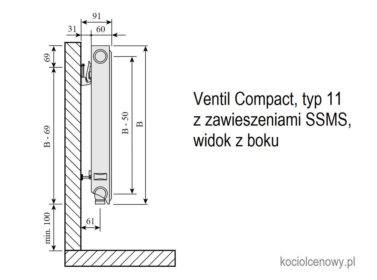 Grzejnik pokojowy PURMO Ventil Compact CV11 600x1600 dolne zasilanie